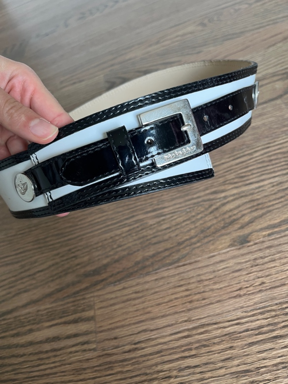 Byblos Black and White Patent Leather Men's Belt with Silver Buckle